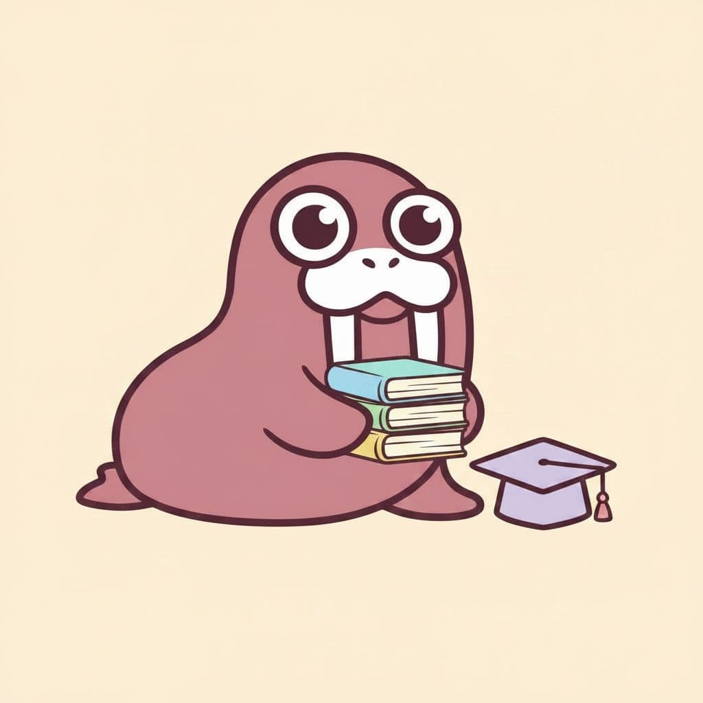 A walrus holding a stack of books