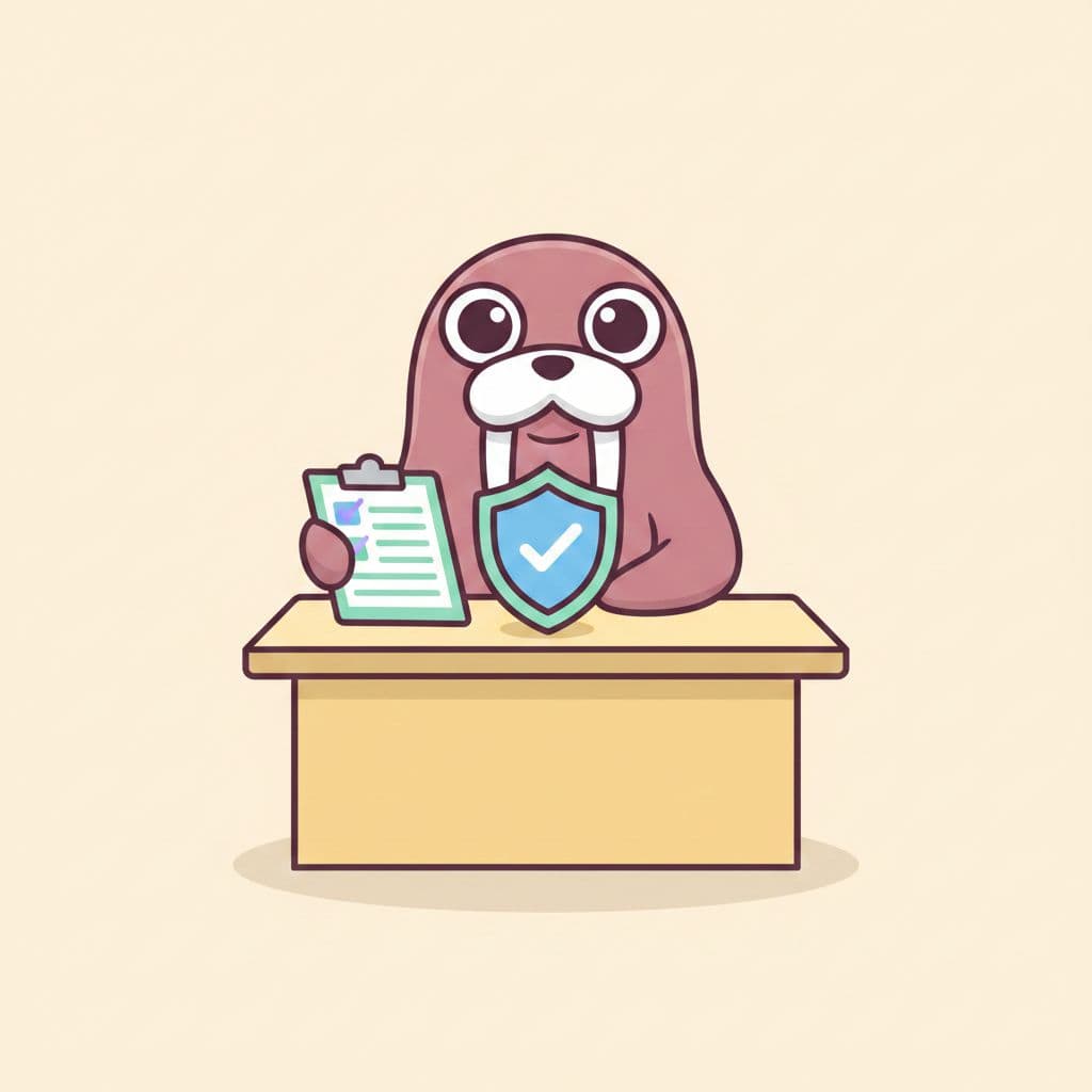 A friendly walrus at a desk holding a clipboard and a shield, ready to help